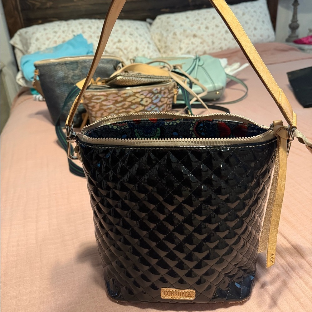Consuela Jax Wedge- Black Quilted Shoulder Bag with Tan Strap
